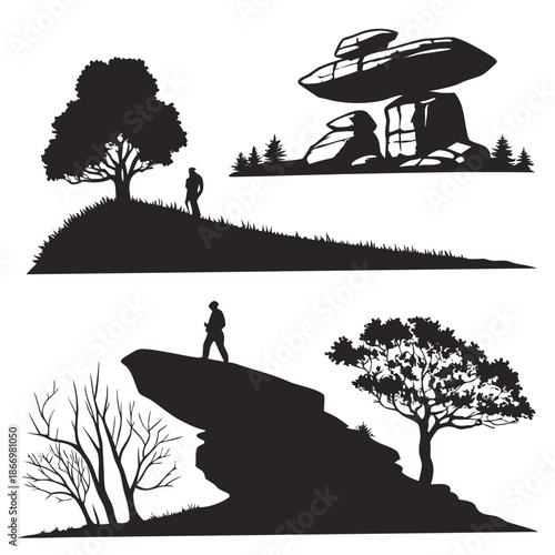 Silhouettes of nature and hiker