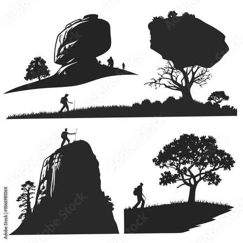 Silhouettes of hikers and natural landscapes