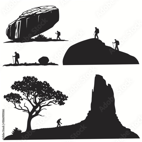 Silhouettes of hikers in various natural settings