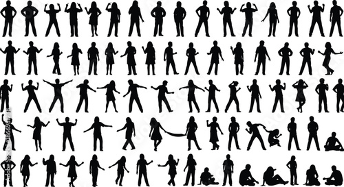 Silhouettes of People in Varied Standing, Sitting, Dancing, and Interaction Poses for Behavioral Study or Design Illustration Use
