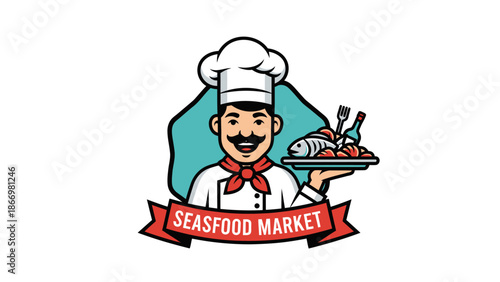 Happy Chef Presenting Fresh Seafood Market Dish.