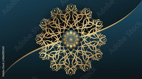 Elegant gold mandala pattern on a dark blue gradient background illustration.