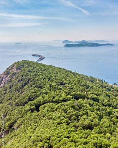 The beautiful Adriatic coast near Dubrovnik, Croatia. A city nestled in hills, forests, and cliffs.
