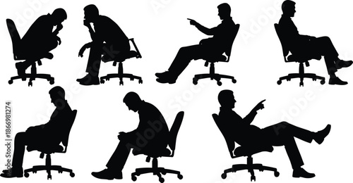 Silhouettes of People Sitting in Office Chairs Showing Varied Postures and Gestures for Ergonomic or Design Reference Use
