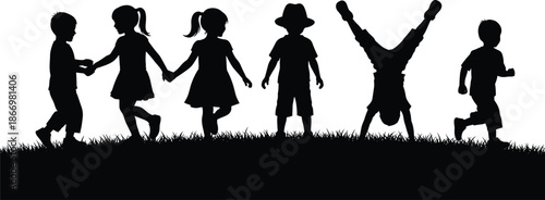 Silhouettes of Six Children Playing Outdoors with Handstands, Running, and Holding Hands for Recreational or Design Use