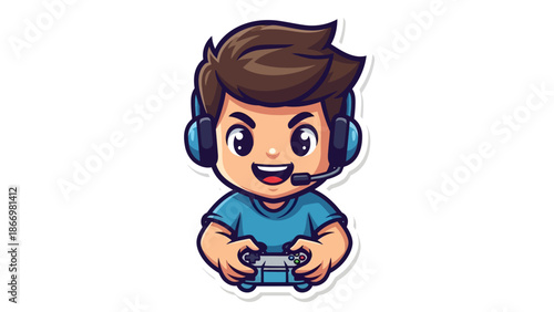 Happy young boy gamer playing video games with controller.