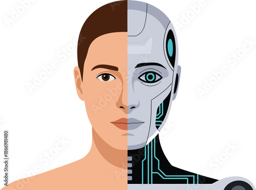 Half human half robot face artificial intelligence concept
