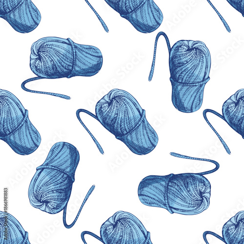 Hand drawn vintage seamless pattern of blue yarn skein and knitting thread ball