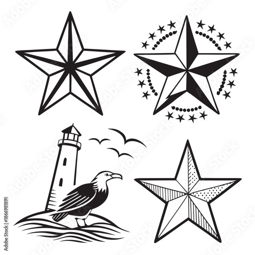 Set of star and lighthouse illustrations