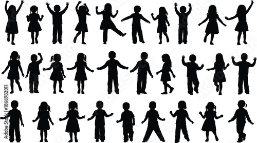Silhouettes of Thirty Children in Playful and Expressive Poses for Educational, Recreational, or Design Illustration Use