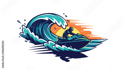 Jet ski rider navigating a massive ocean wave during sunset.