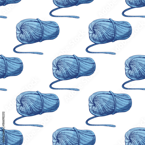 Hand drawn vintage seamless pattern of blue yarn skein and knitting thread ball
