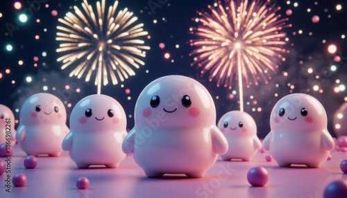 Cute characters fireworks night