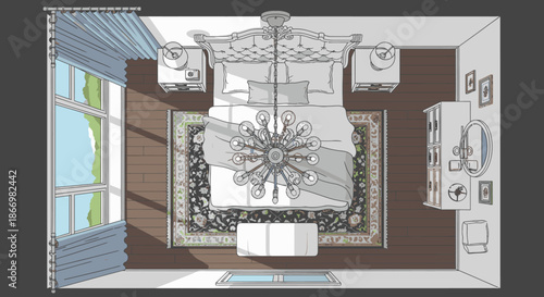 An elegant, meticulously designed bedroom is showcased from a top-down perspective, featuring classic furniture, a grand chandelier, and beautiful window light.