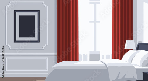 A beautifully designed modern bedroom interior features a comfortable bed with crisp white linens, a lamp, and a window with elegant red curtains.