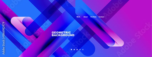 Abstract geometric background. Vibrant blue, purple hues create dynamic composition. Minimalist text elements present navigation options. Modern design.