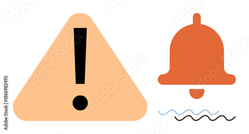 Notifications, alert systems, reminders, information warnings, user interfaces, digital cues. Exclamation inside a triangle and a bell with vibration waves. Notifications and alert systems concept