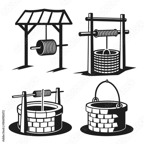 Traditional water wells and buckets