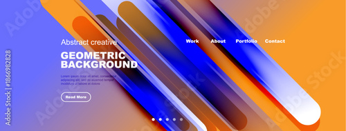 Abstract geometric design. Vibrant colors, flowing shapes, website header with navigation elements. Modern aesthetic.
