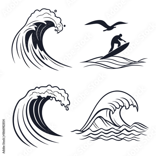 Surfing waves silhouettes