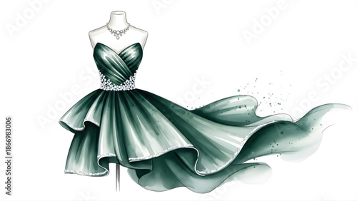 Elegant emerald green evening gown illustration on a mannequin, showcasing a flowing train and sparkling embellishments, ideal for high fashion and luxury apparel concepts