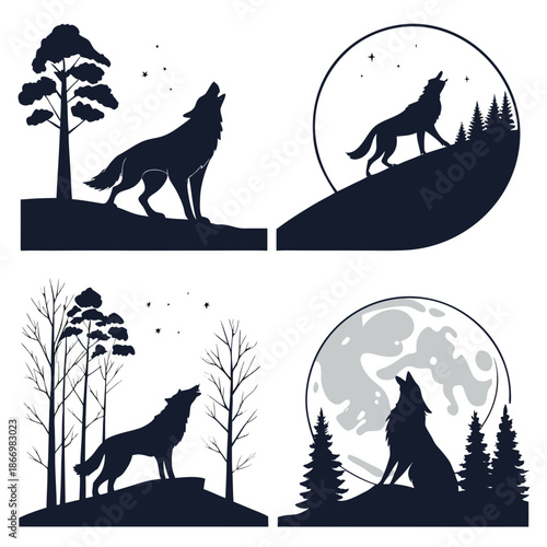 Silhouette of wolves howling under the moon