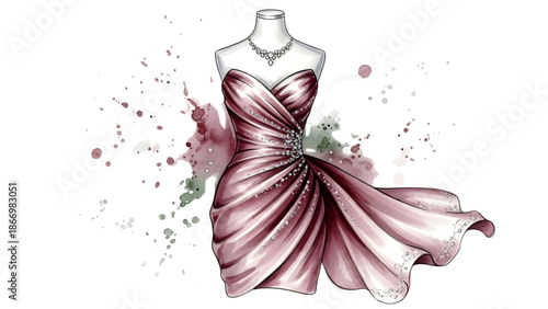 Fashion illustration of a sophisticated strapless cocktail dress on a mannequin, rendered with elegant drapery and artistic watercolor effects for design concepts