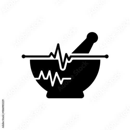 Modern medical mortar and pestle icon integrated with a heartbeat pulse line. Creative black and white logo representing heart health, pharmacy, and life-saving medicine