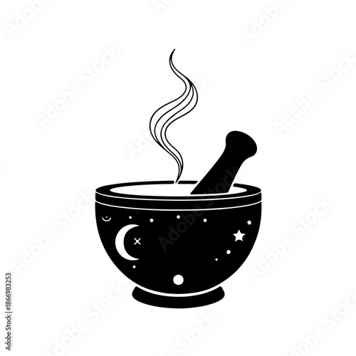 Mystical alchemy mortar and pestle icon decorated with crescent moon and stars. Vintage black and white logo design for magic potions, witchcraft, and ancient apothecary traditions