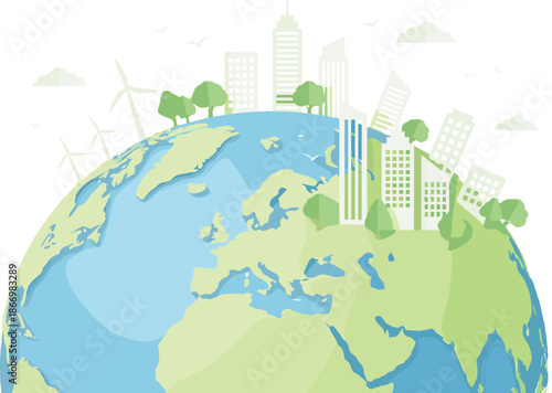 Green sustainable city on earth illustration with renewable energy eco buildings global environment future climate concept design