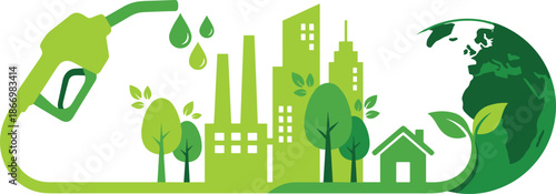 Green eco fuel concept illustration with sustainable city renewable energy environment earth leaves clean future design climate technology urban solution