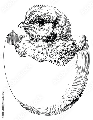 Hand drawn line art illustration of a chick depicting hatching from an egg for spring concepts