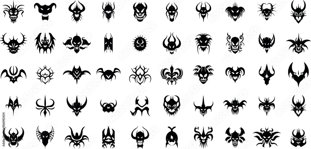 Obraz premium Gothic Demon Mask Symbols Set, Dark Fantasy Tribal Emblem Collection Black Silhouette Vector Illustration