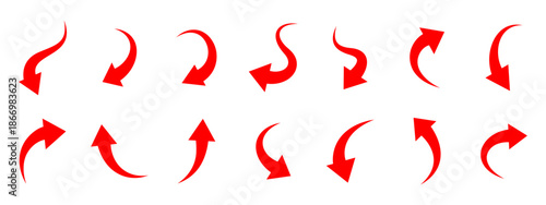 Red curved arrow icons. Minimal vector arrows for direction, motion and infographic design