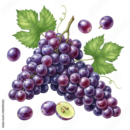 Vibrant watercolor illustration of lush dark purple grape bunches, green leaves, and vine on transparent, illuminated by soft morning light, fresh produce concept