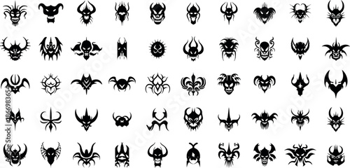 Gothic Demon Mask Symbols Set, Dark Fantasy Tribal Emblem Collection Black Silhouette Vector Illustration