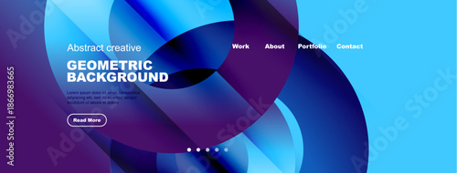 Abstract website header design. Blue gradients, geometric shapes, text elements present. Clean layout, modern aesthetic.