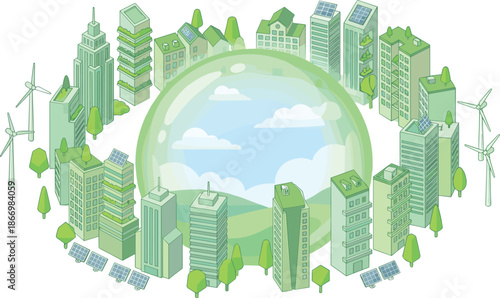 Green sustainable smart city illustration with eco buildings, renewable energy, solar panels, wind turbines, environmental protection, future urban concept
