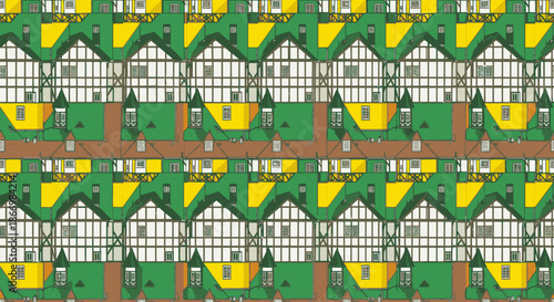 A vibrant, repeating graphic pattern features traditional Tudor-style houses with green roofs and yellow accents, creating an intriguing architectural tessellation.