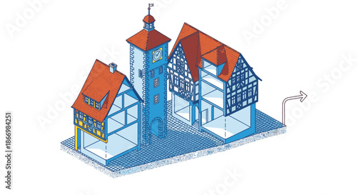 An isometric illustration depicts traditional European half-timbered buildings and a prominent clock tower, showcasing architectural structure and historical charm.