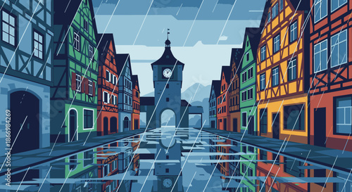 Vibrant pixel art captures a rainy scene in a picturesque European town, featuring colorful half-timbered houses and a distant clock tower.