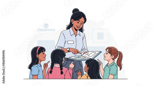Teacher instructing young students in a classroom showing a book or tablet for education and learning concepts