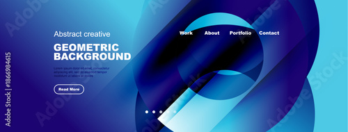 Abstract geometric background design. Blue gradients create dynamic visual effect. Website header with navigation options present.
