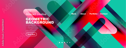 Modern website header design. Vibrant pink, teal gradients, geometric shapes create dynamic visual impact. Navigation menu present.