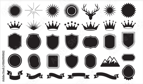 Emblem icon set shields crowns ribbons sunbursts and frames black vector silhouettes