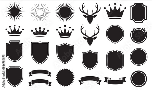 Badges shields crowns and ribbons silhouette set vintage emblem vector collection