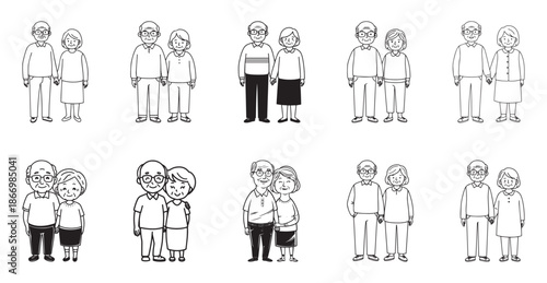 Hand drawn line art illustration of elderly couples standing together
