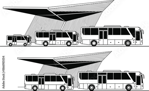 Modern bus station terminal illustration featuring black and white vector line art of city buses parked under architectural transport shelters