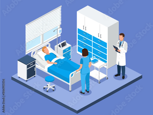 Isometric vector illustration of a hospital room scene featuring a doctor and nurse attending to a male patient in bed surrounded by medical equipment