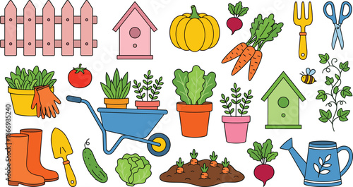 Colorful garden illustration set with vegetables tools pots birdhouses watering can wheelbarrow plants cute flat design for spring farming graphics